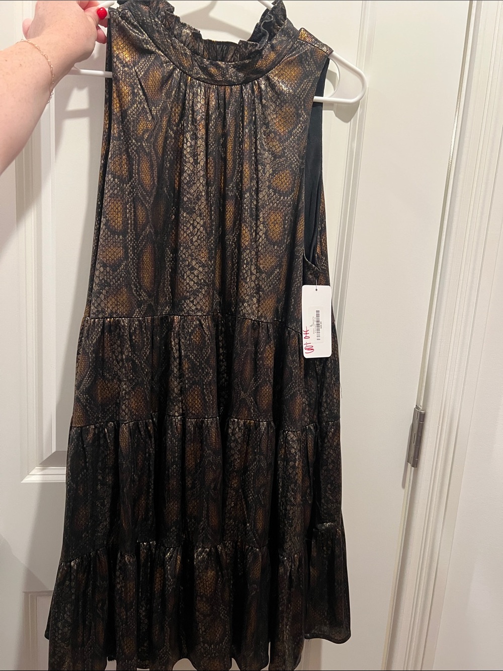 TCEC Sleeveless Snake-Print Tiered Midi Skirt in Black & Brown